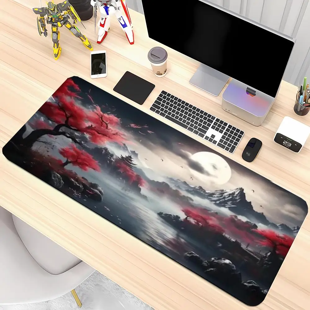 Anime Playmat Misty Red Maple Mountain Full Moon Oriental Ink Landscape Mousepad Large Size For Laptop Games Table Mat