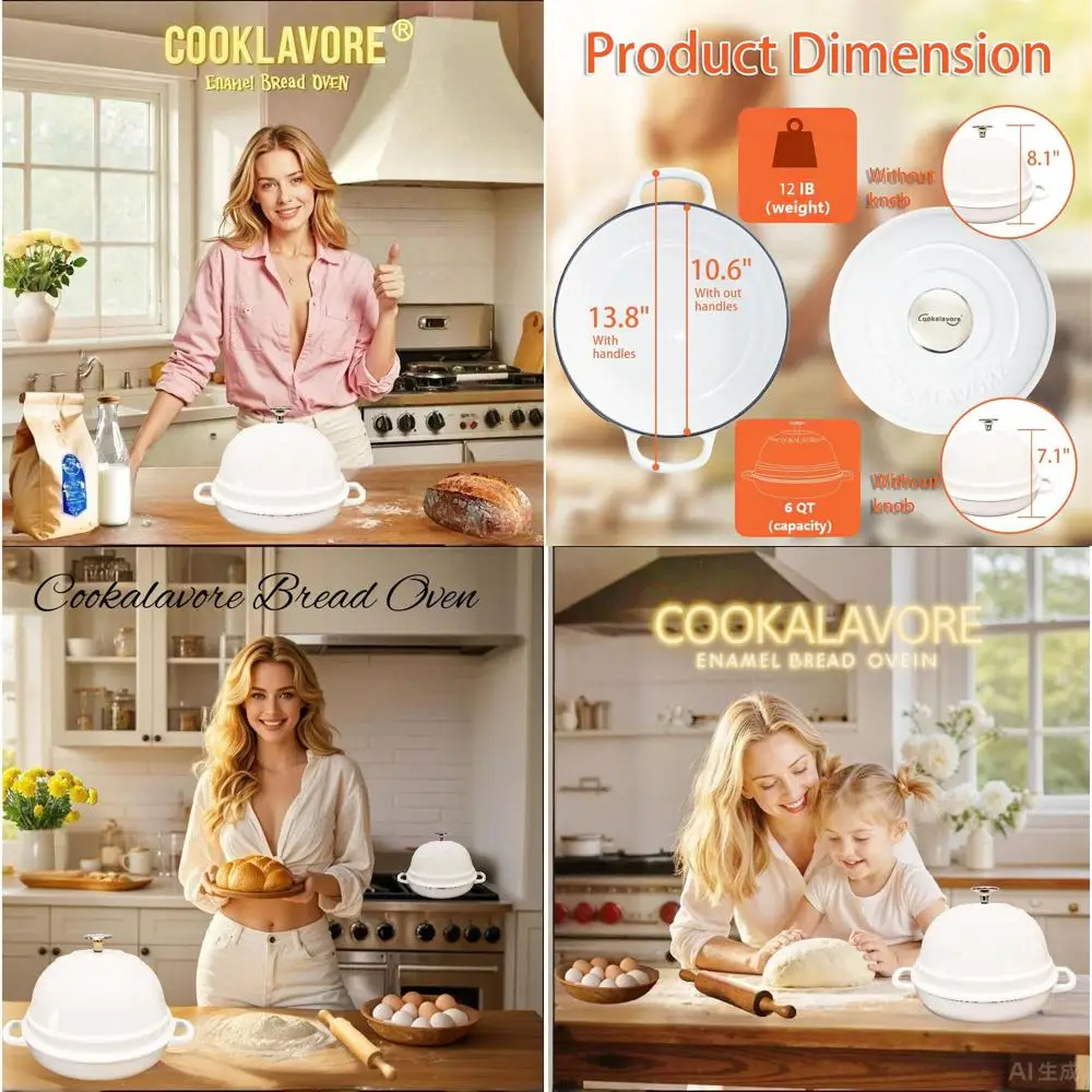 

6 Quart Enamel Bread Baking Pan, 10.5 Sourdough Oven with Lid, Silicone Baking Mat & Recipe Included, Perfect for Homemade Bread