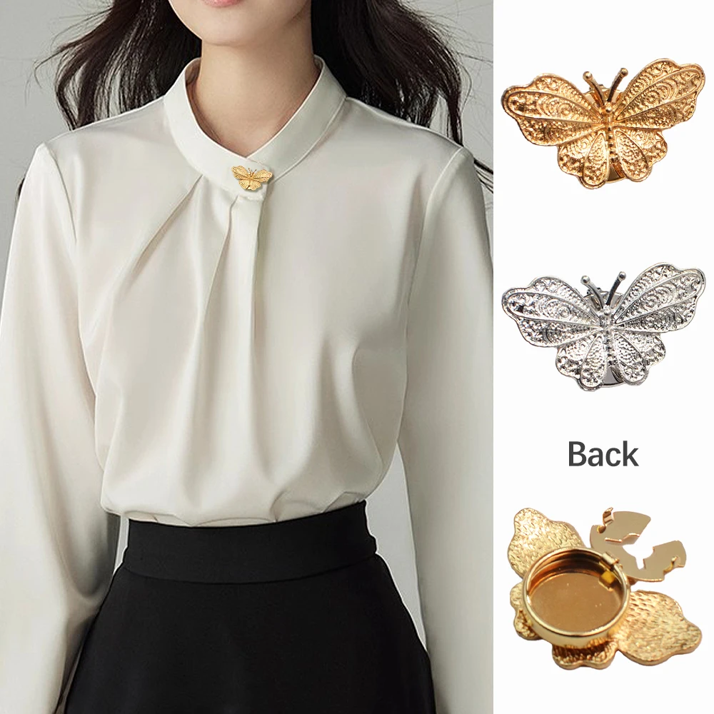 1pc Butterfly Metal Button Cover, 3.9cm Gold Silver No Sew Collar Cuff Button for Shirt Suit Coat, Luxury Butterfly Button Cover