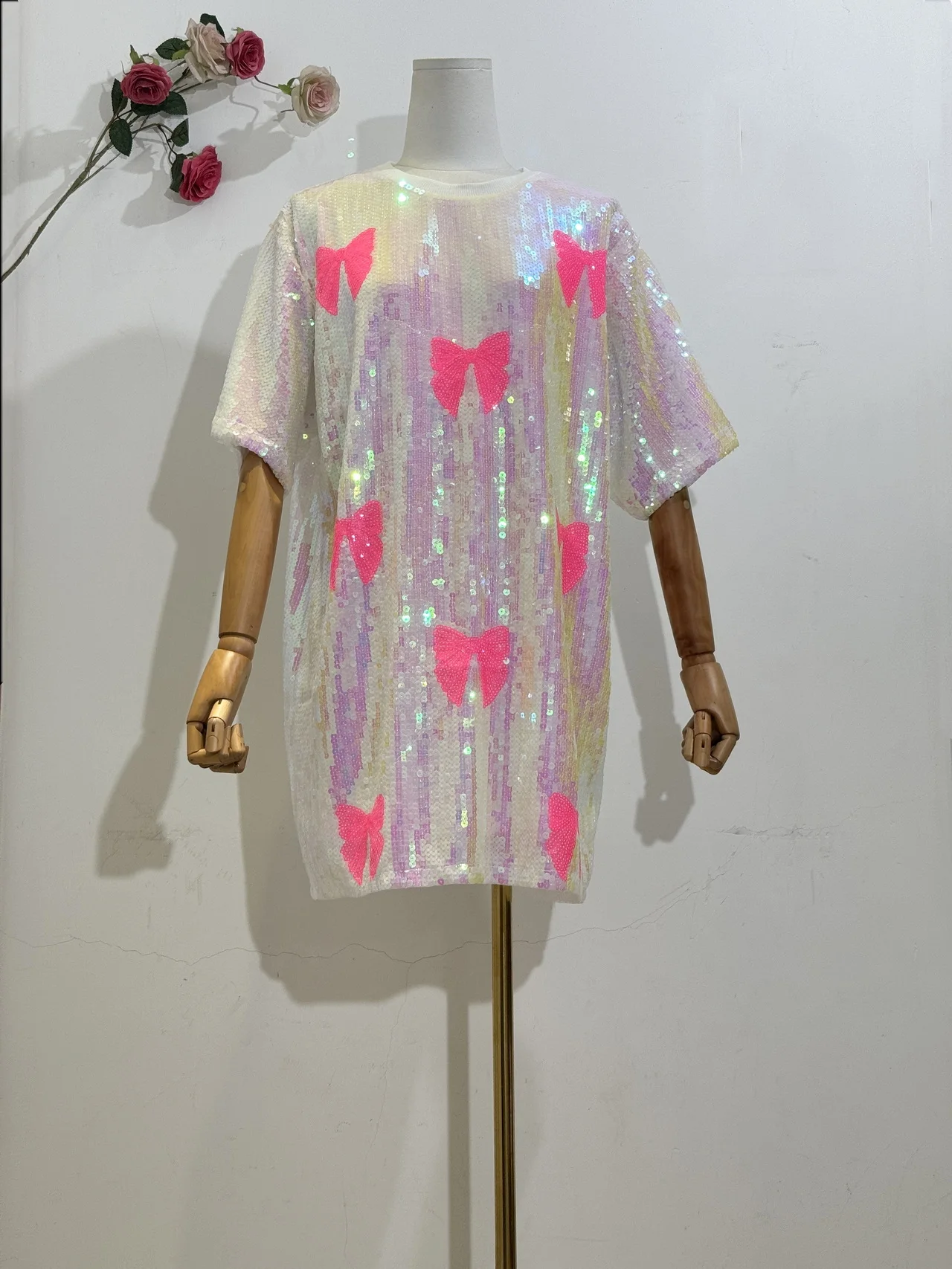 

H80&S90 New Women Fashion Butterfly Embroidery Sequin Long T-Shirt Short Sleeve O-Neck Loose Hip Hop Streetwear Top Mini Dress