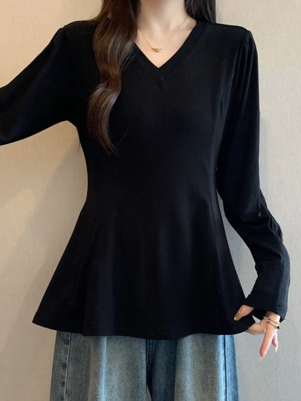 Black V-Neck Long Sleeve T-Shirt Women's plus Size Autumn New Style High Waist Conceals Belly Base Shirt Top Commute Style
