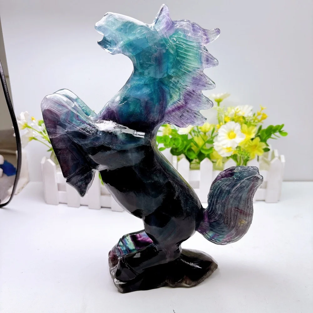 2.4kg Natural Colored Fluorite Quartz Horse Carving Polished Reiki Healing Crystal Feng Shui Energy Room Decor Gift