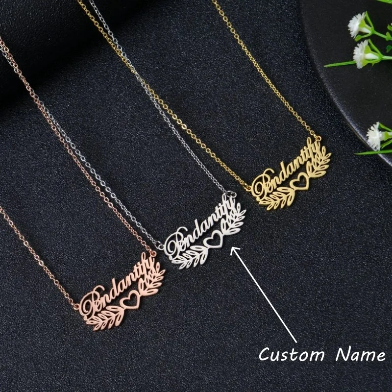 

Custom Name Necklace with Heart & Leaf Design Personalized Pendant Jewelry for Women and Men Gold Silver Rose Gold Birthday Gift