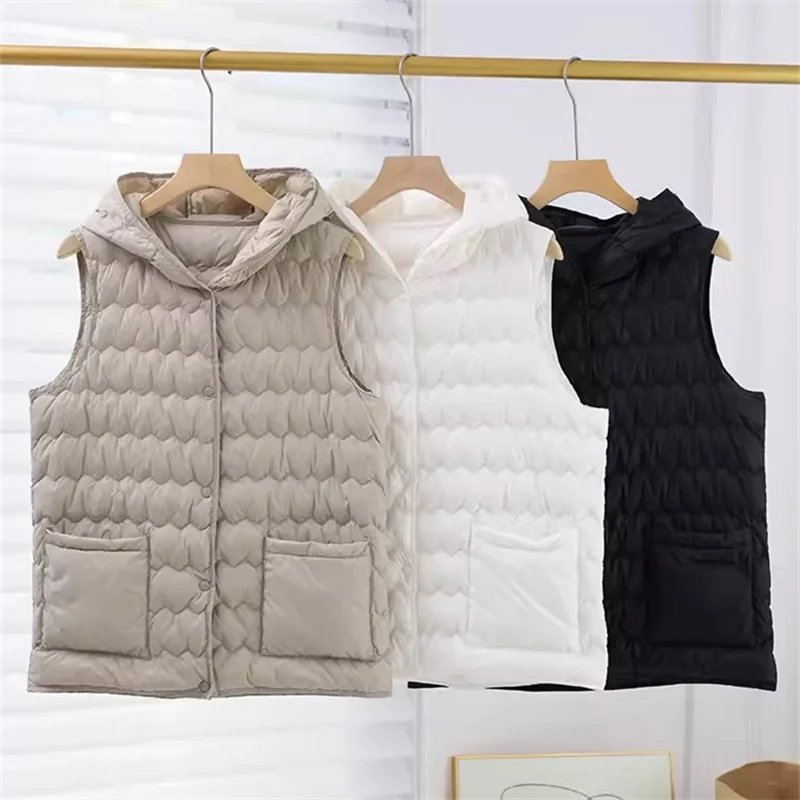 

Women Hooded Down Waistcoat Jacket Autumn Winter Warm Ultra Light White Duck Down Vest Coat Ladies Short Sleeveless Tank Parkas