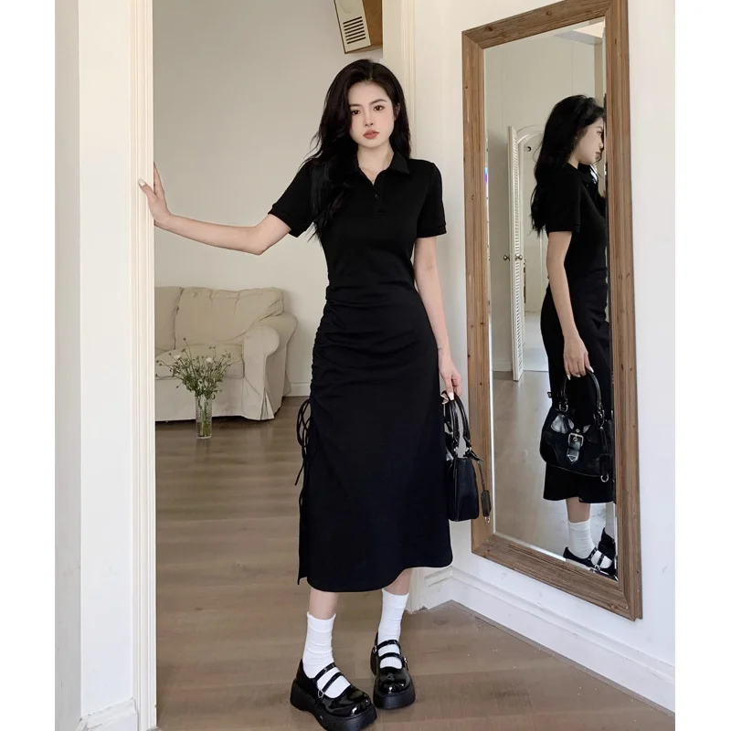 

Black Dress Women's Summer New Drawstring Design Sense Pleated Waist Cinch Split plus Size Long Skirt High Waist Commute...
