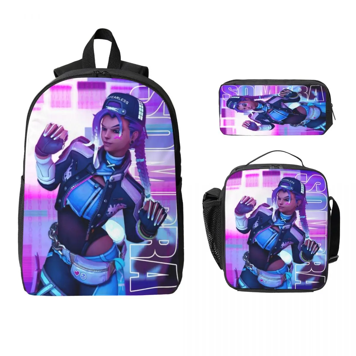 3Pcs Sombra Overwatch Theme School bags Set for Boy Girl Pencil Boxes Backpack Sets with Lunch Box For School Students Knapsack