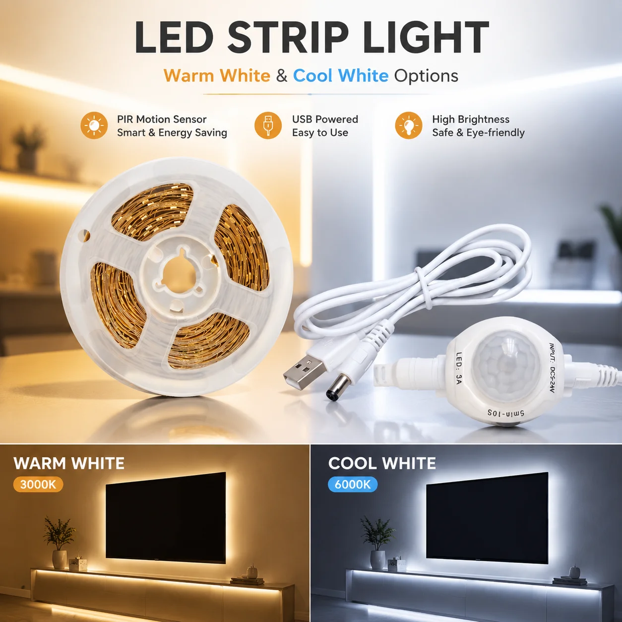 Drawer Dresser White - Motion Sensor LED Strip Light USB