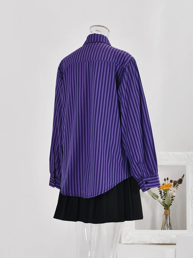 LANMREM Fashion Striped Purple Shirt Women Lapel Long Sleeves Single Breasted Tops Streetwear 2024 Autumn New Clothing 32C212