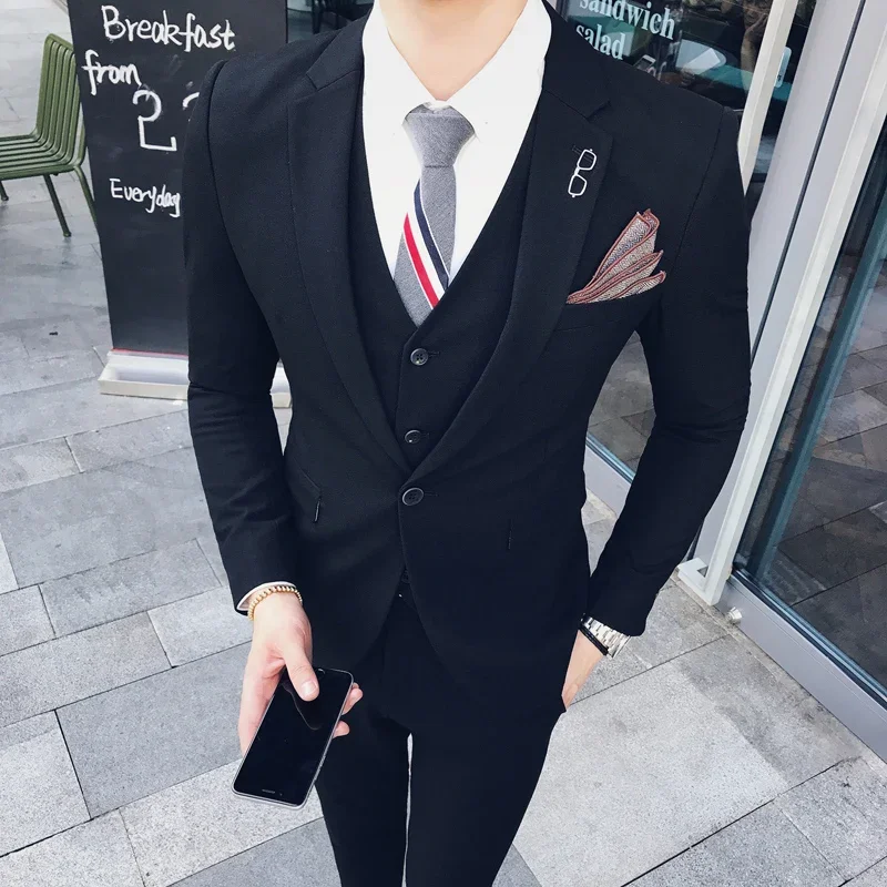 Men Boutique Three Piece Suit Set Jacket Pants Vest   Male Business One Button Blazers Coat Waistcoat Trousers Large Size M-6XL