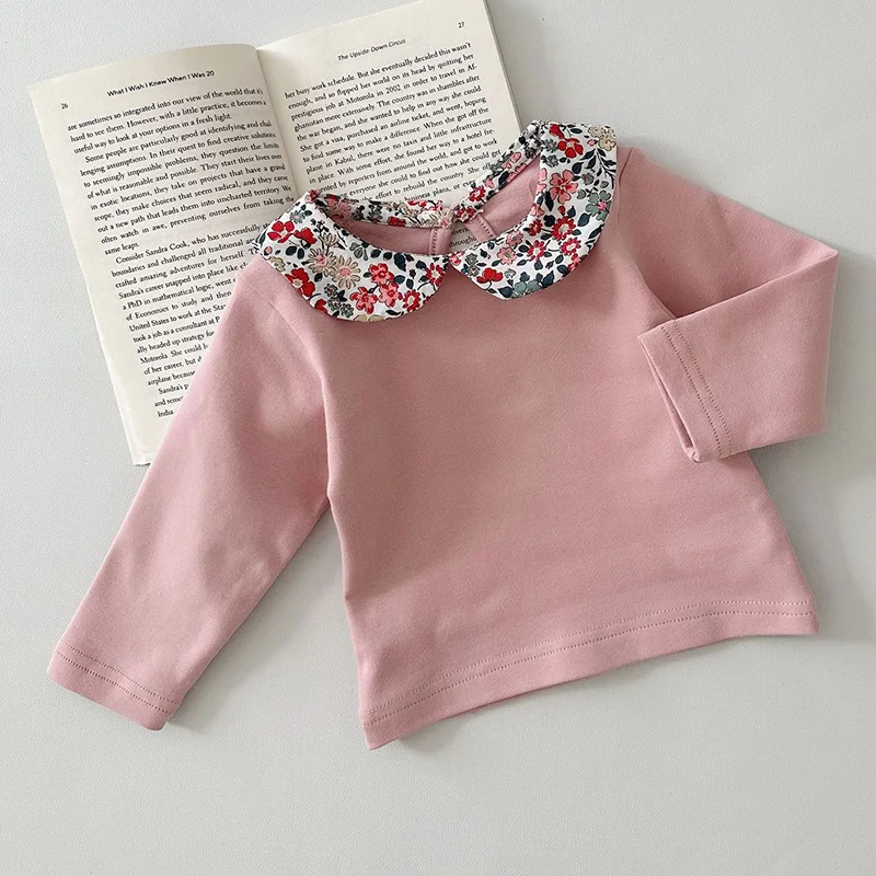 2024 New Spring Infant Baby Girl T-shirt Newborn Baby Girls Pullover Long Sleeved Cotton Printing Splicing Children Clothing