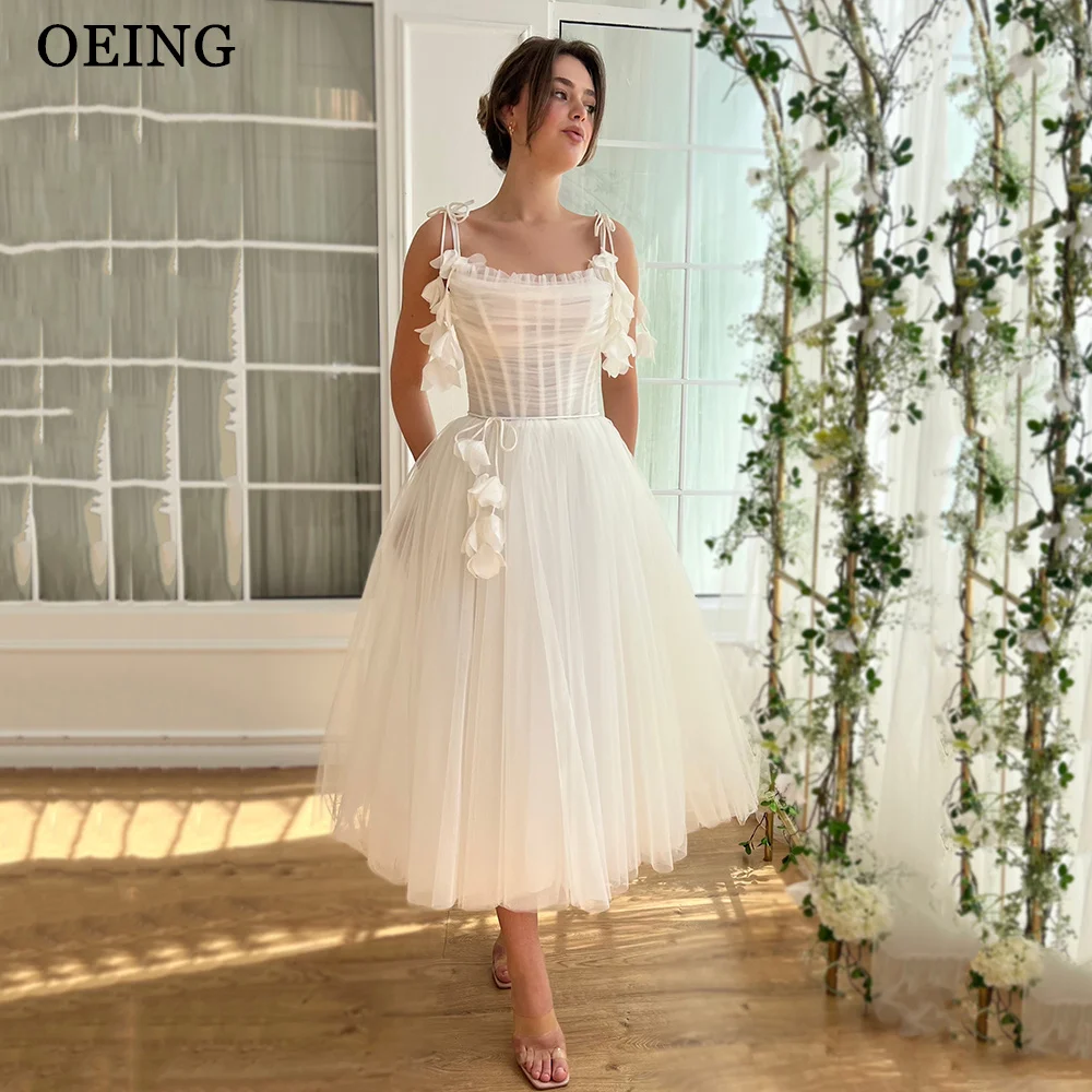 

OEING A-line Tulle Wedding Dresses Spaghetti Straps Appliques Formal Tea Length Elegant Prom Dresses Fairy Women Party Dresses