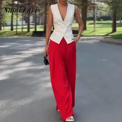 Set da donna casual senza maniche con tasche solide Set da 2 pezzi allentato drappeggiato a vita alta elegante top con scollo a V profondo e pantaloni lunghi