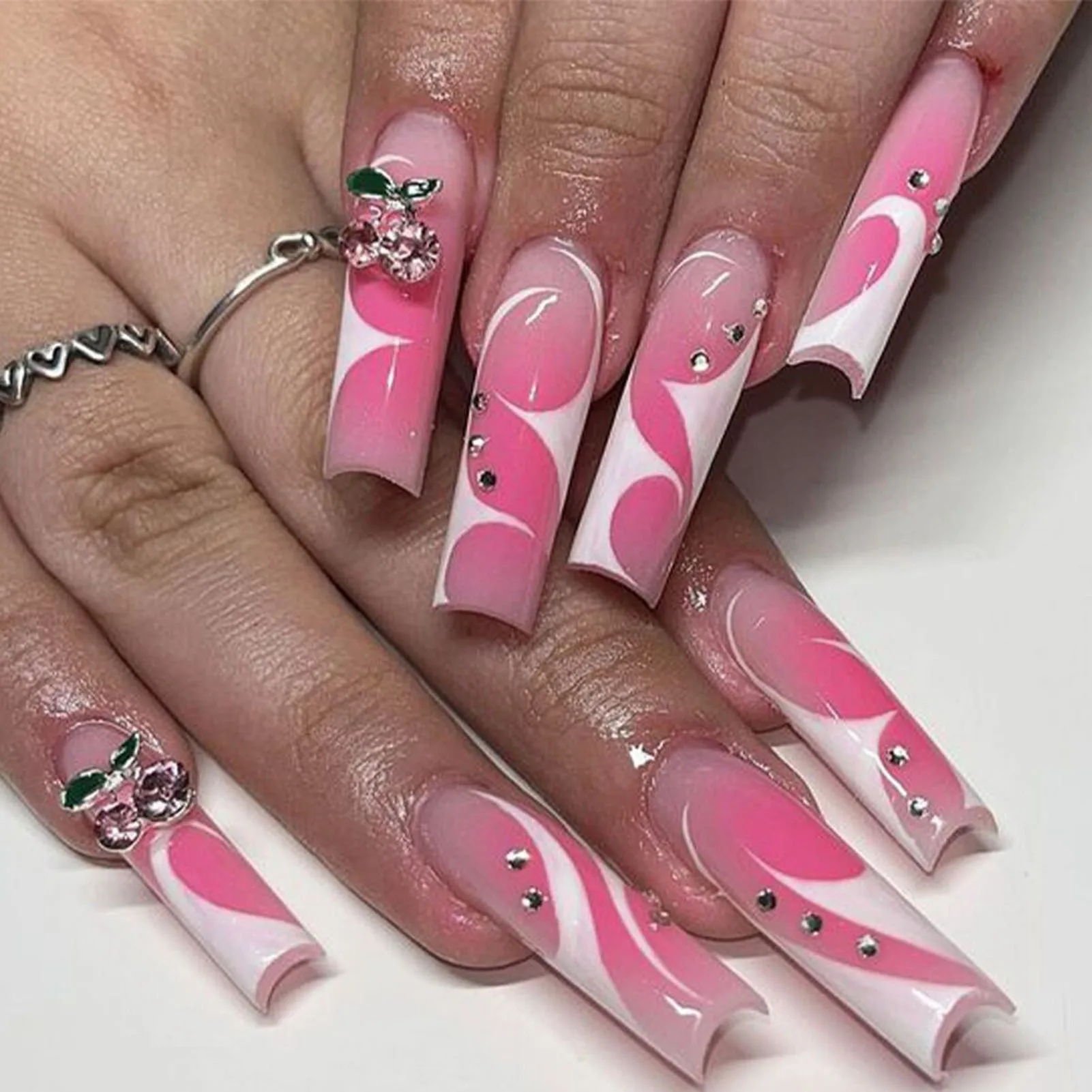 Pink Fake Nails with White Pattern Printed Natural Unbreakable Nail Simple Wear for Women and Girl Nail Salon