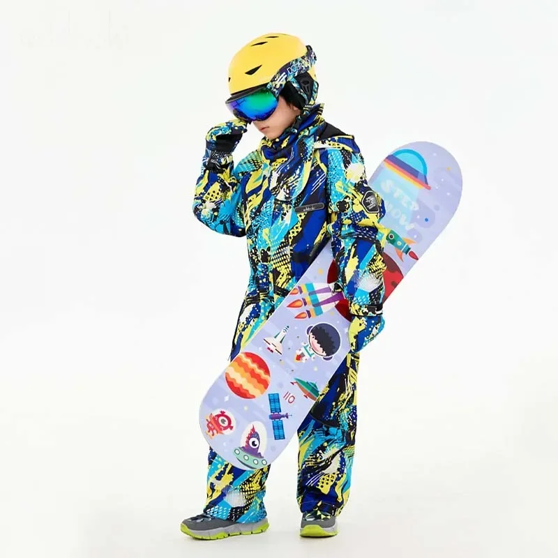 2025 New Winter Print Warm Sport Skiing One Piece Suit Windproof Waterproof Outdoor Children Sets Polyester Zipper Hooded Suit