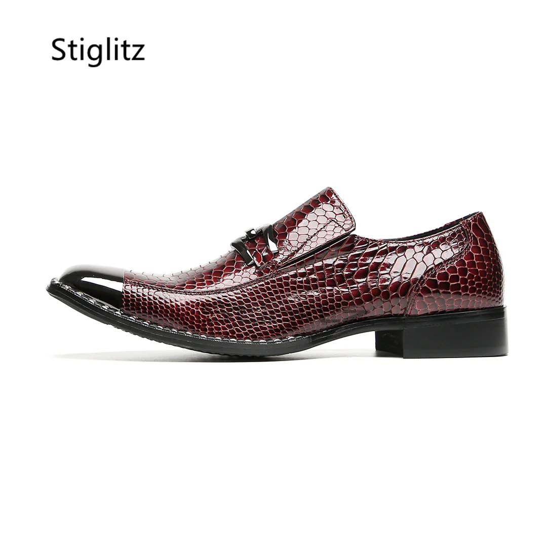 

Metal Square Toe Patent Leather Formal Shoes Luxury Metal Buckle Low Heel Dress Shoes Burgundy Party Casual Business Men Shoes