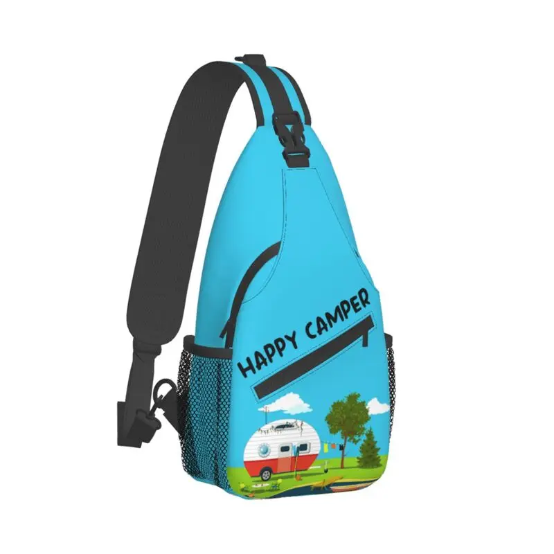 Mochila cruzada Happy Camper para hombre, bolsos de pecho de hombro para acampar, viaje y ciclismo