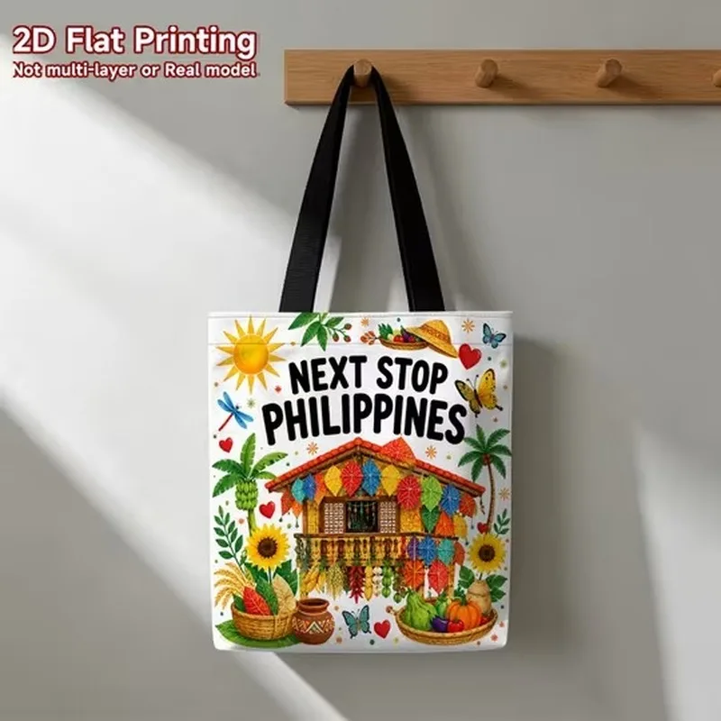 1pc  Large Capacity Philippine Tropical Cottage Sun Fruits 2D Flat Printed Tote Bag for Shopping Outdoor Travel School 35X40CM
