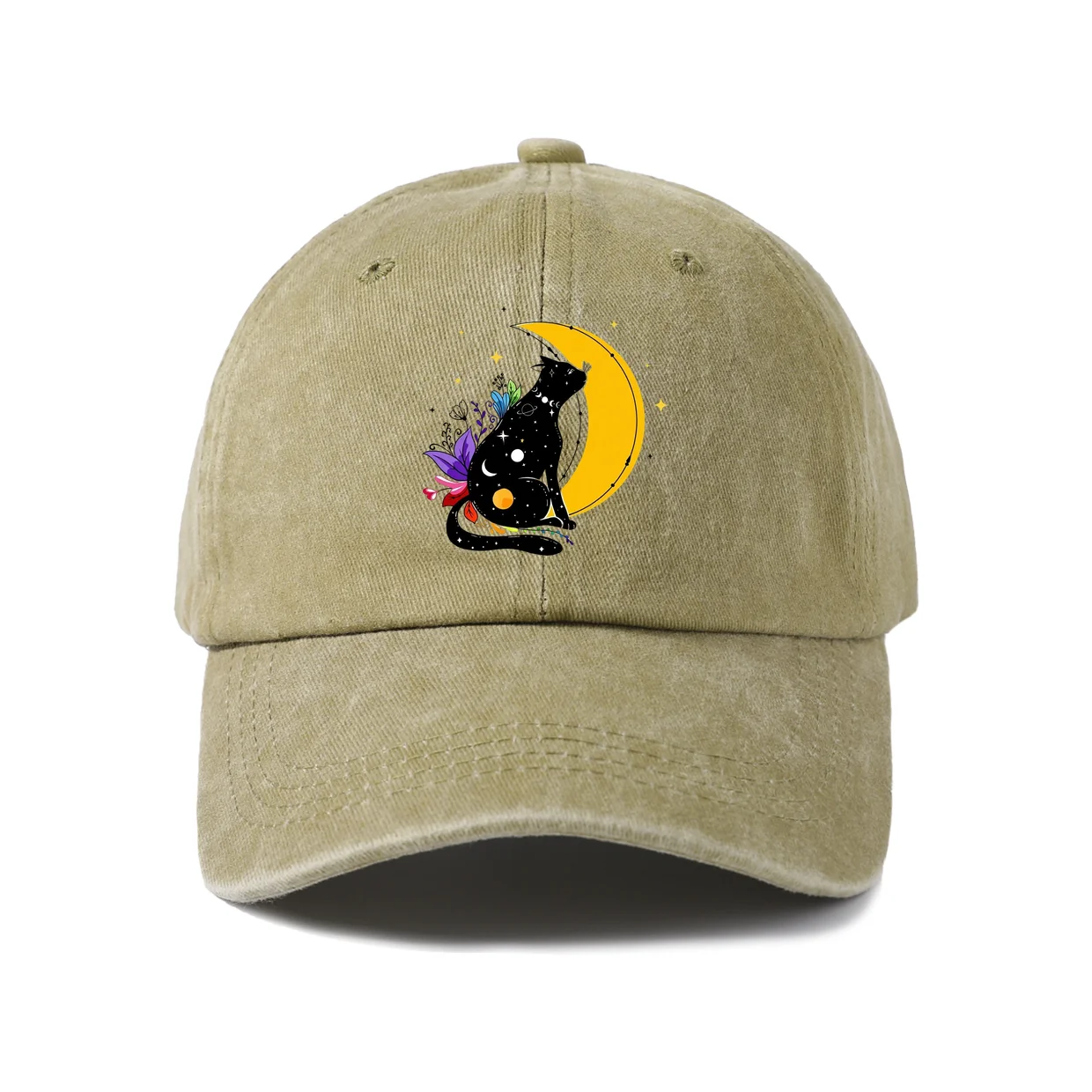 Black Cat Crescent Moon Graphic Baseball Cap, Vintage Washed Adjustable Unisex Dad Hat, Streetwear Gift