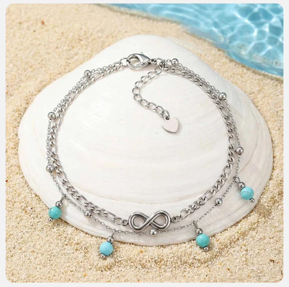 Vnox Neues Boho Doppellagiges Infinity Damen-Fußkettchen aus Edelstahl, Vergoldet, Sommerschmuck für den Strand – Detail 6