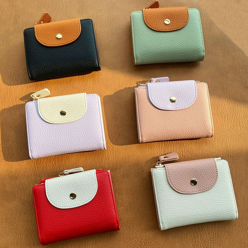 

Soft Leather Mini Zipper Coin Bag Snap Button Solid Color Women Wallets Folding Card Holder Large-capacity Money Bag