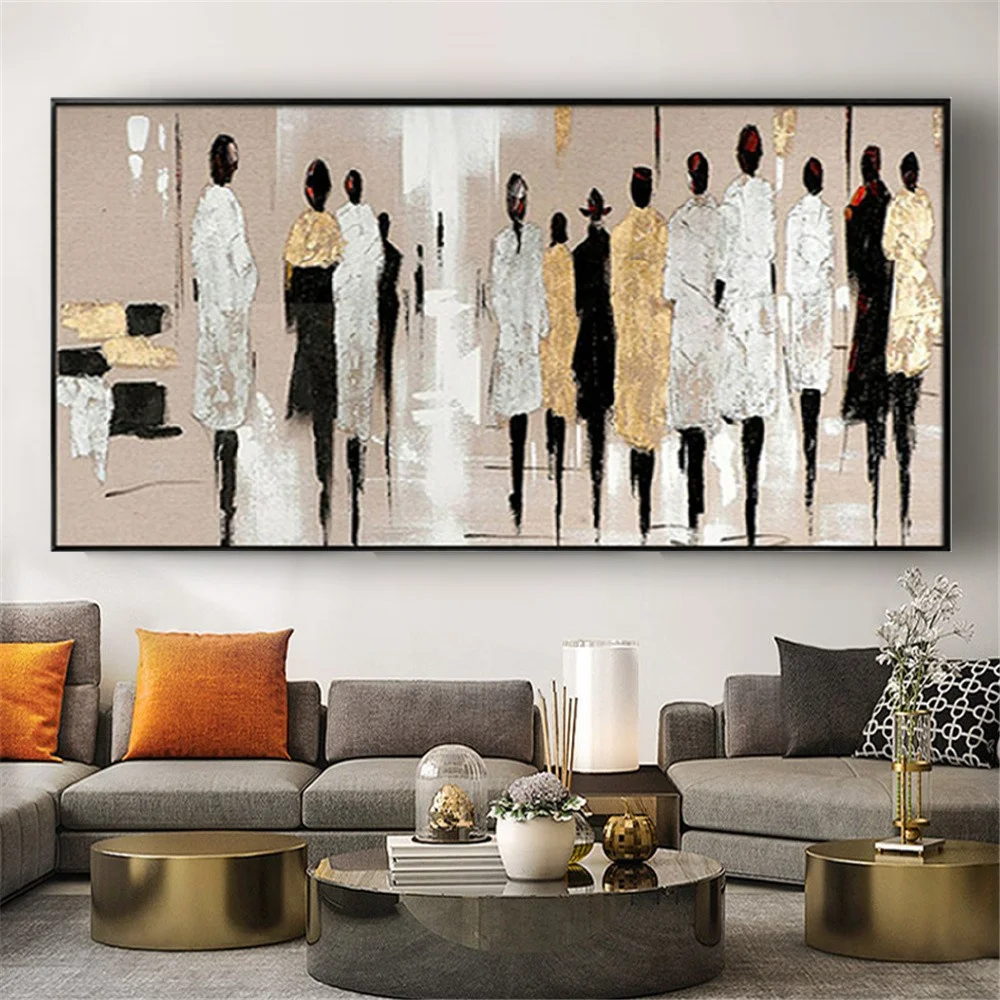 

Modern Design Figure Oil Paintings Gold Silver Street View Picture Hot Selling Hand Drawn Canvas Wall Art For Living Room Decor