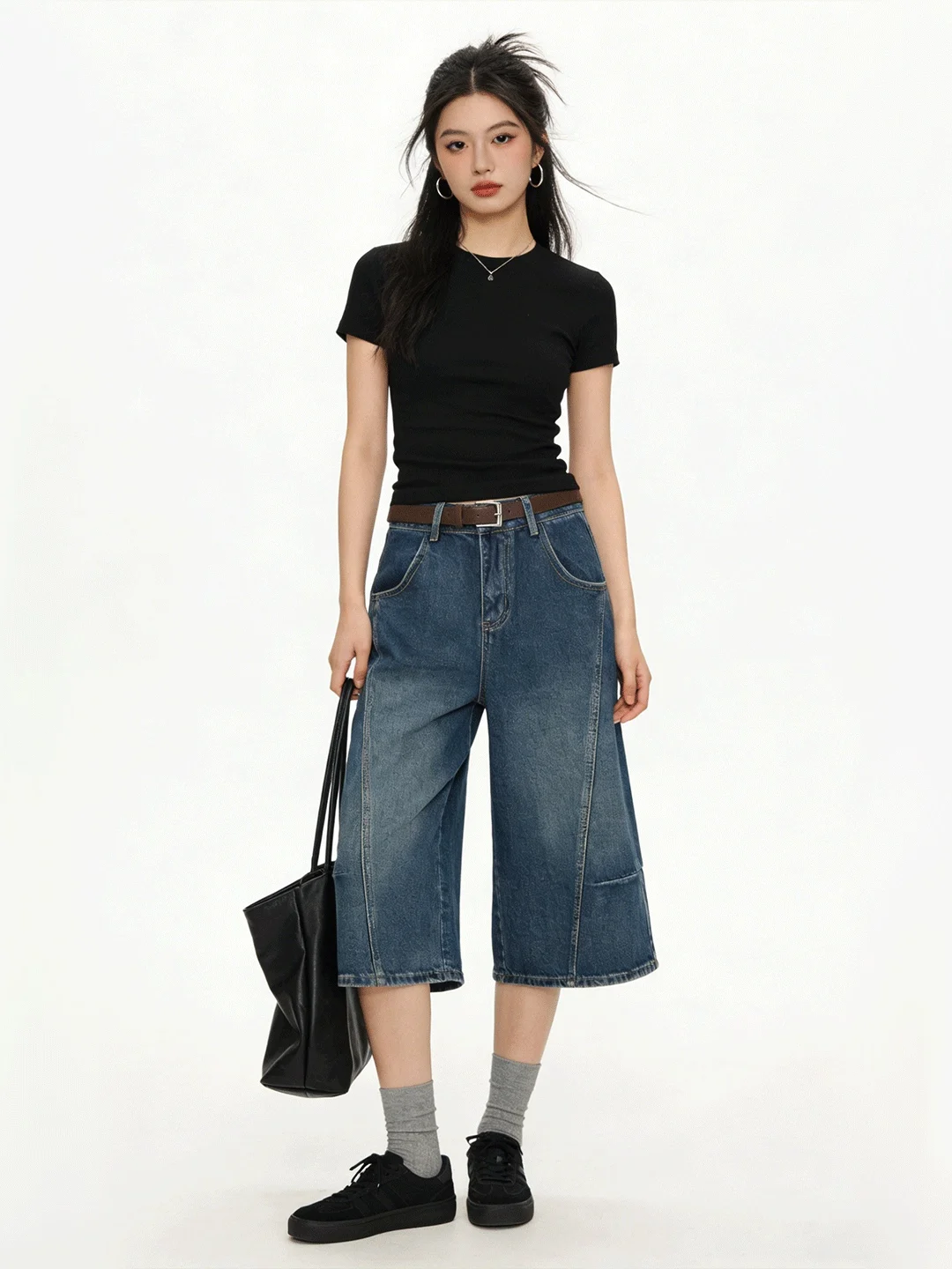 

High Waist Wide Leg Jeans Casual Loose Fit Patchwork Seven Inch Pants Versatile Spring Summer Denim Trousers for Women