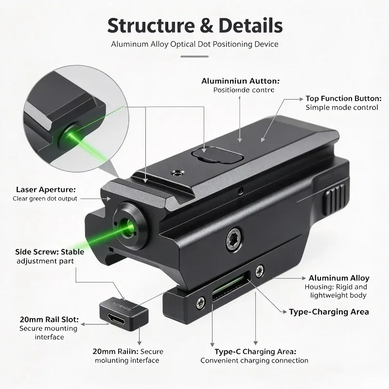 Aluminum Alloy 20mm Rail Groove Optical Calibrator Type-C Charging Red & Green Beam Portable Outdoor Dot Positioning Device