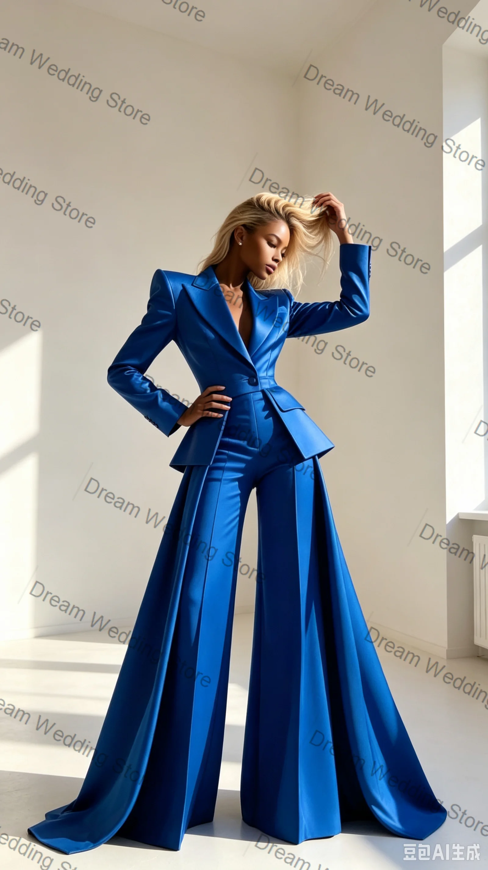 Royal Blue Women Suit Set 2 Pcs Blazer+Pants Trousers Long Train Formal Office Lady Jacket Customized Wedding Guest Coat