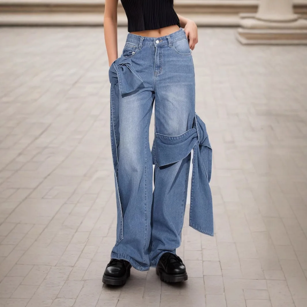 

Washed Jeans Women Jean Spliced Straight Ankle Length Pants Denim Pockets High Waist Zipper Fly Distressed Basics Loose