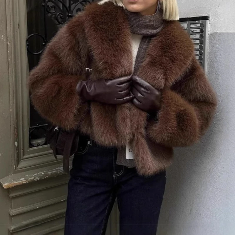 Eco-friendly Faux Fox Brown Faux Fur Short Coat Brown Vintage Style Winter Women's Wear