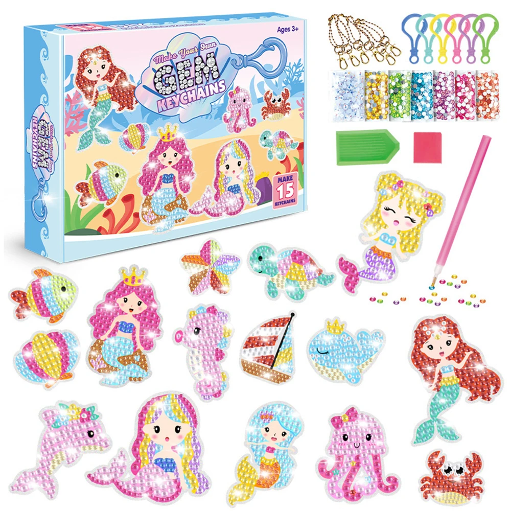 Kids DIY 5D Gem Keychain Painting Set 15 Cartoon Mermaid Sea Animal Diamond Art Handicraft Toy Girls Creative Gift