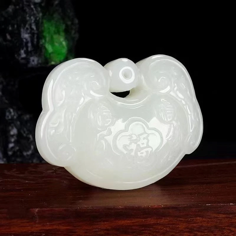 Hotan White Lock Pendant Men and Women, Fortune Character Jade Amulet Jewelry