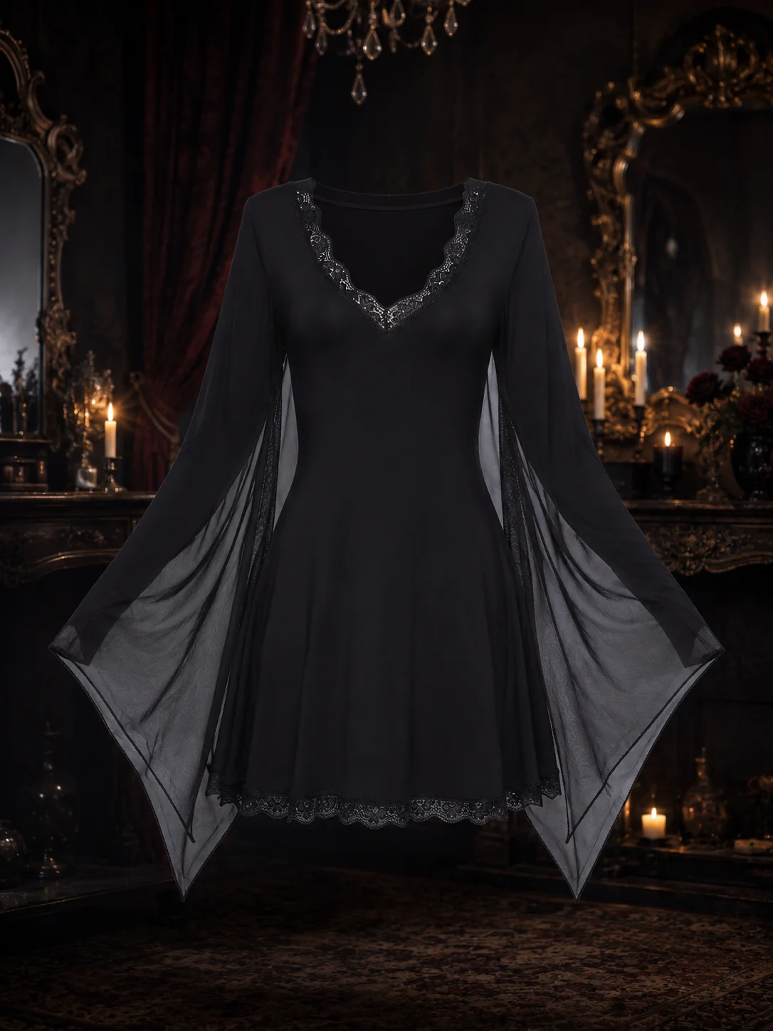 Women Dark Gothic Bat Wing Vampire Dress Lace V Neck Long Sleeve Finger Loop Chiffon Bat Sleeve A Line Mini Dress for Halloween Party Cosplay Carnival Clubwear Night Out，halloween costume, vampire costume, bat wing dress, gothic dress, witch cosplay dress view 4