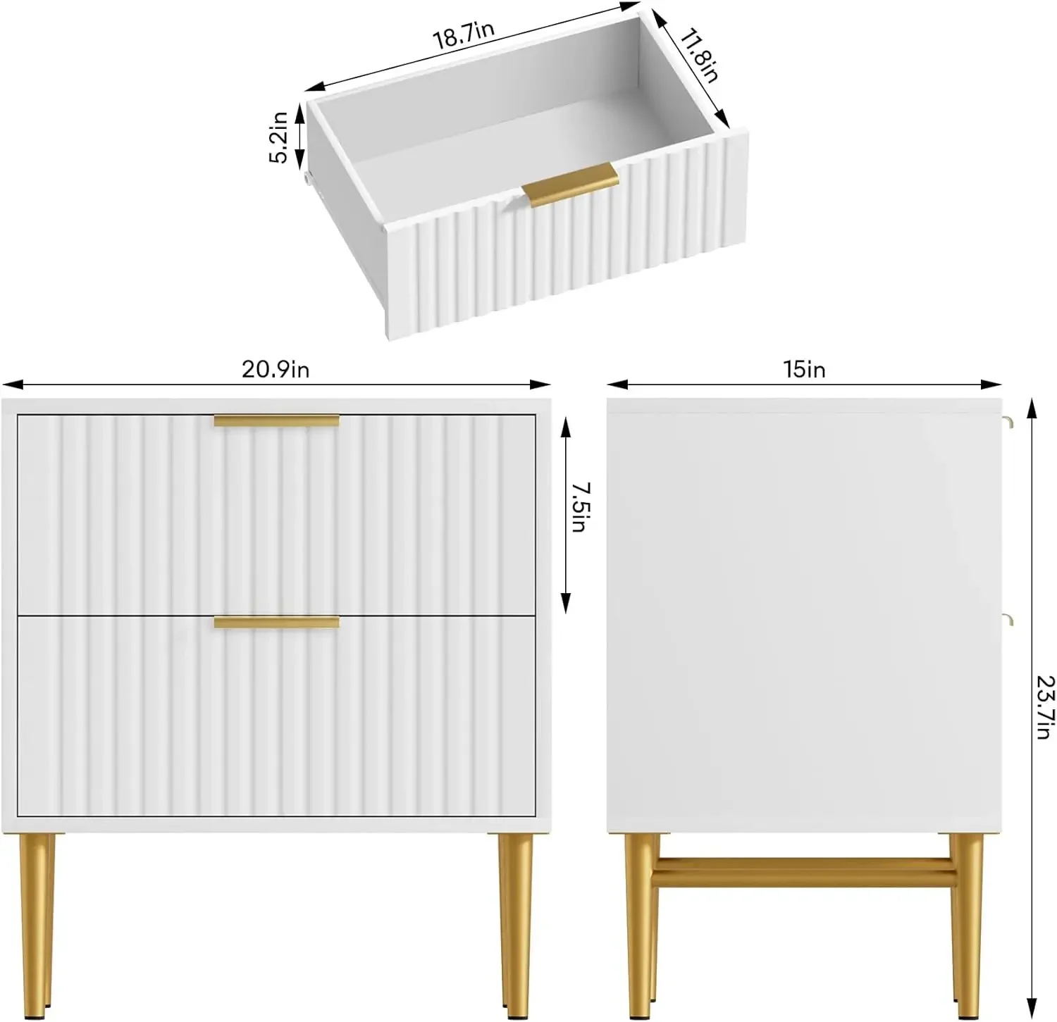 Comodino bianco set di 2 con stazione di ricarica, comodino scanalato con cassetti, comodino moderno con gambe dorate