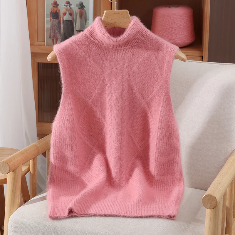 New Women 100% Mink Cashmere Sweater Turtleneck Sleeveless Pullover Vest Autumn Winter Soft Warm Casual Mink Cashmere Knitwear