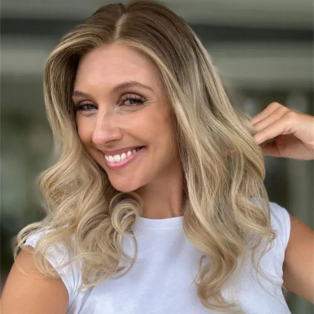 Light Gold Blonde Wig Melt Natural Brown Roots Lightweight Feel Syntehtic Lace Front Wig Short Wavy Realistic Look Wig for Women