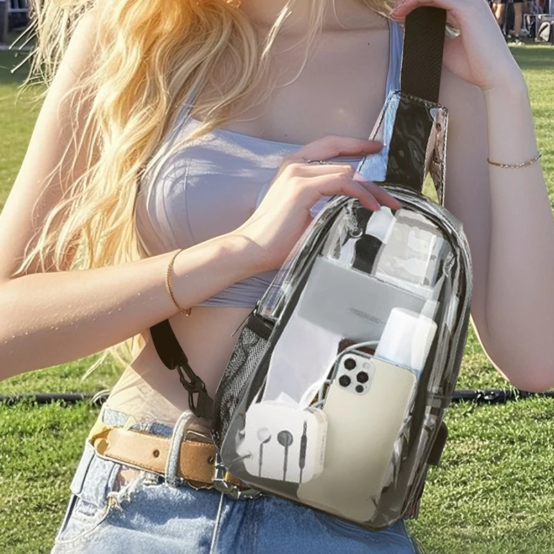 TINYAT Durchsichtige PVC-Umhängetasche für Damen, schmale Schultertasche, Brusttasche, wasserabweisend, einfach zu überprüfen, mit USB für Sport, Musik, Festival