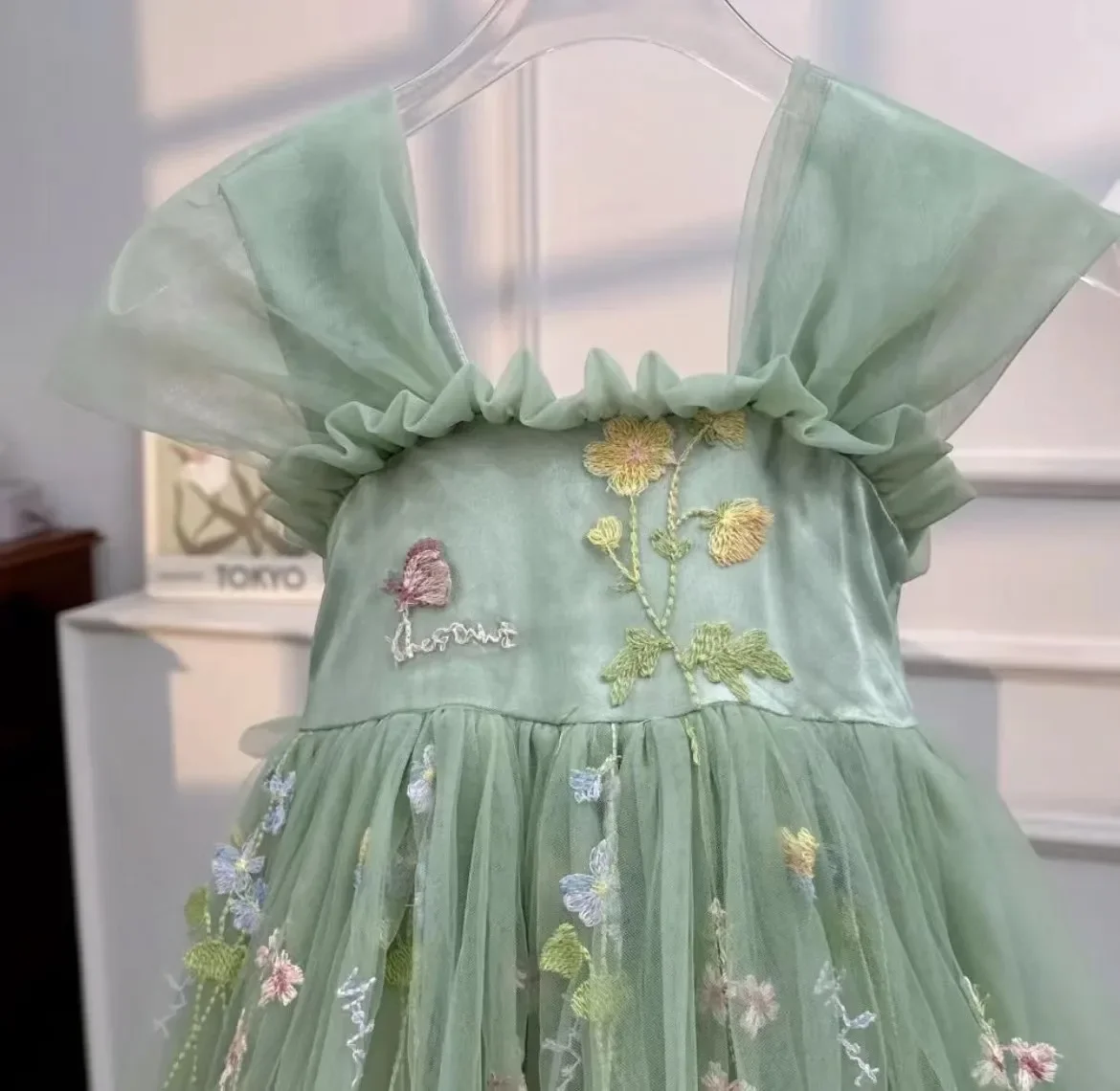 Baby Girl Summer Children\'s Green Prom Dress Floral Bows Embroidery Evening Gown Ballerina Dance Performance Dress Girl Clothes