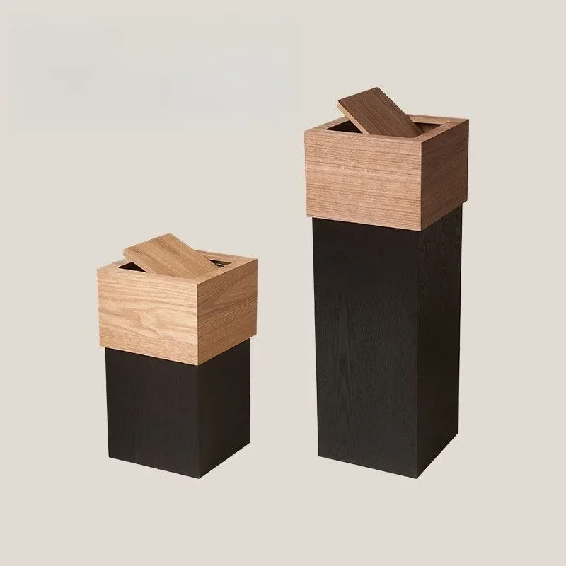 New Wooden Waste Bins Lidded Wastebasket Anti Odor Dustbin Lid-swinging Waste Bins Living Room Trash Can Household Cleaning
