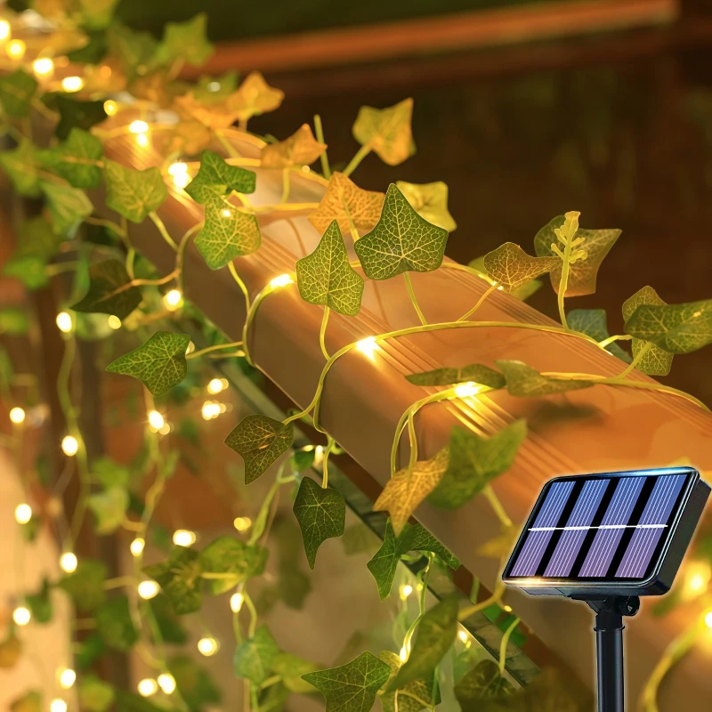 Solar-Lichterkette LED Solar-Weihnachtsbeleuchtung 8 Modi Künstliche Efeu-Blatt Solar-Pflanzenlichterkette Outdoor Efeu-Feenlichter