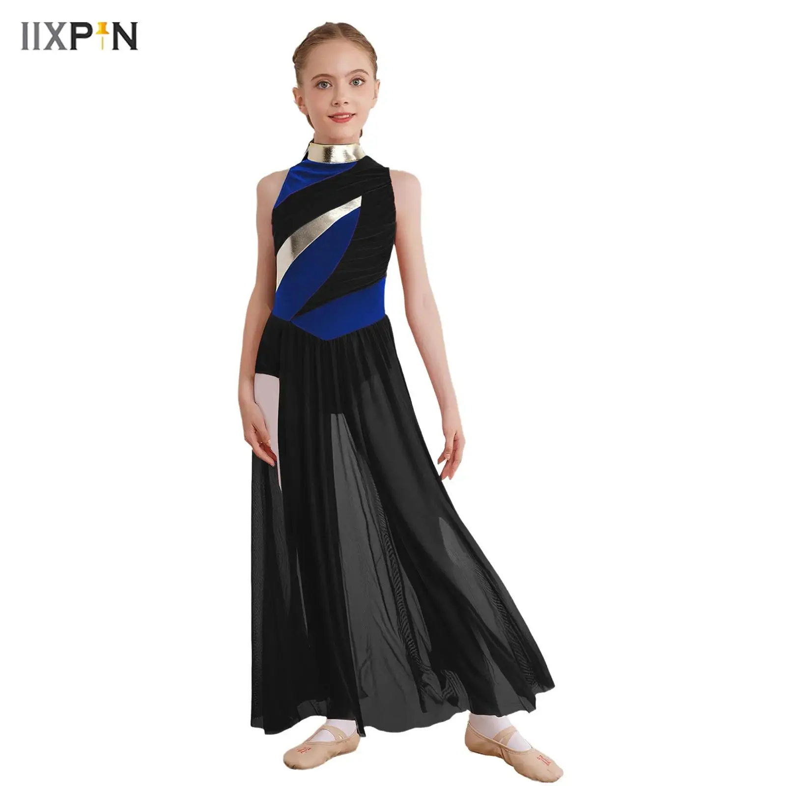 

Kids Girls Modern Contemporary Dance Dress Sleeveless Ruched Mesh Overlay Bodice Split Color Block Lyrical Dance Leotard Dress