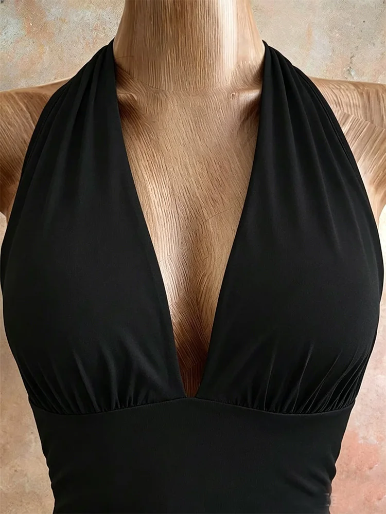 Summer Sexy Halter Neck Backless Tie Waist Pleated Bodycon V-Neck Slim Fit Dress Fashionable Casual Dress for Women - view 5