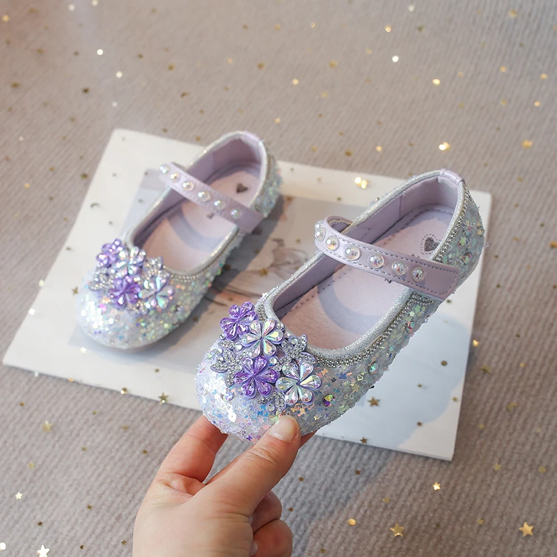 Toddler Girls Sparkly Sequins Leather Shoes with Shiny Beaded 2026 New Summer Kids Crystal Sandals Soft Sole Trendy Princess