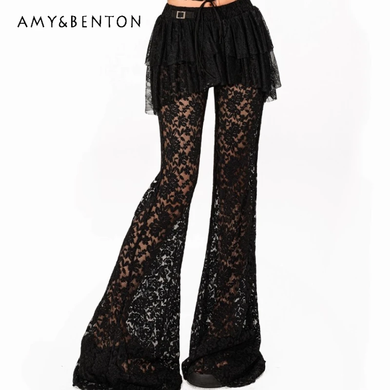 

Vintage Gothic Style Black Lace Mesh Women's Bell-bottoms 2025 Autumn New Sexy Jazz Hot Girl Fake Two-Piece Skirt Pants Ladies