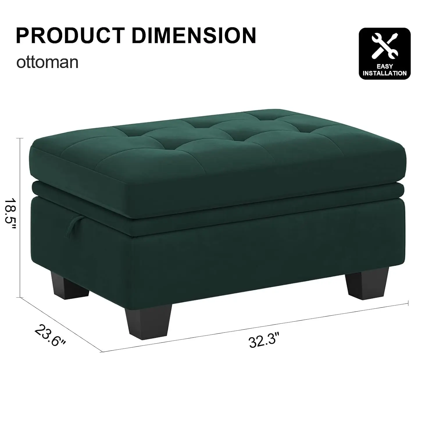 Rectangular Ottoman with Storage, Tufted Velvet Fabric Bench, Footstool, Green, Customized