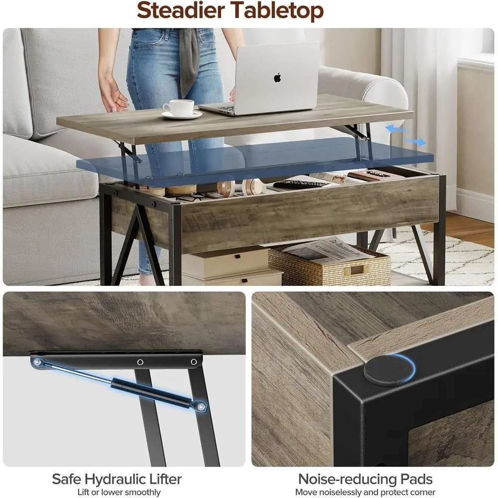 Gray Lift-Top Coffee Table with Storage and Hidden Compartment for Living Spaces