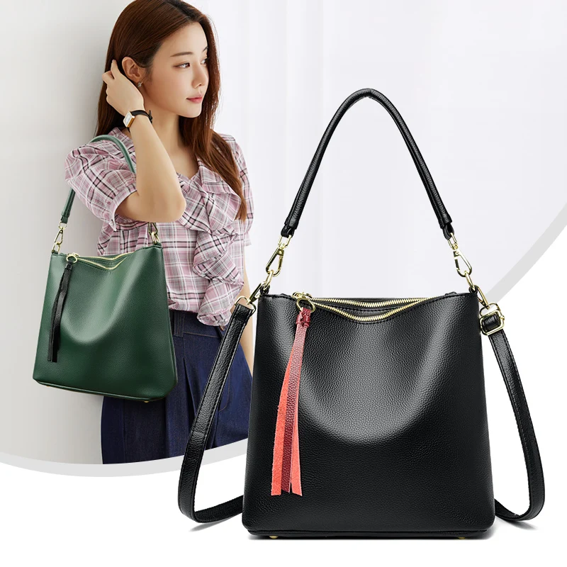 

High Quality PU Leather Simple Water Bucket Handbag Women's Solid Color Shoulder Crossbody Bag Lady Messenger Tote Bag for Women