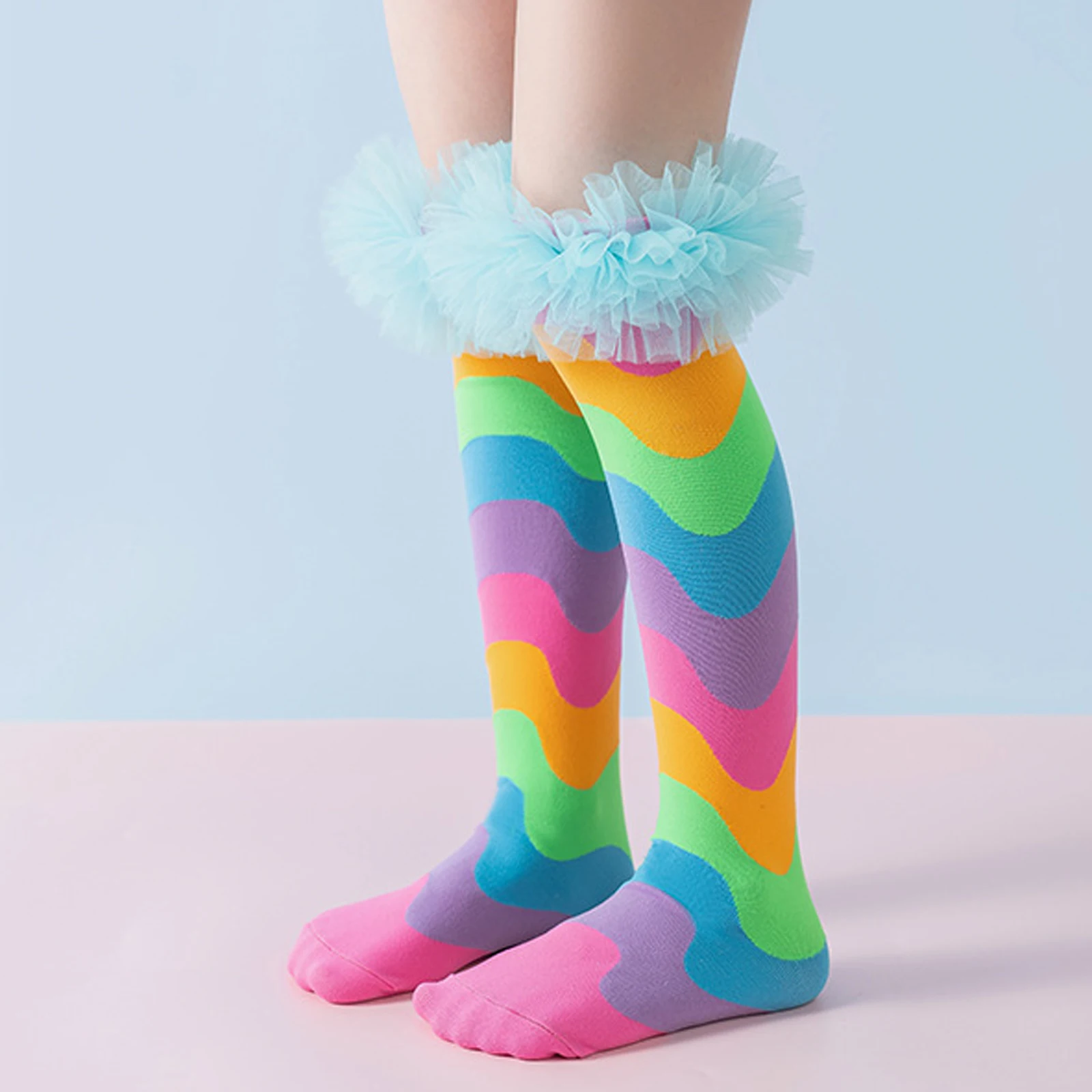

Rainbow Color Patchwork Girls Stockings Ruffles Party Children Princess Socks Fashion Soft Colorful Kids Long Socks