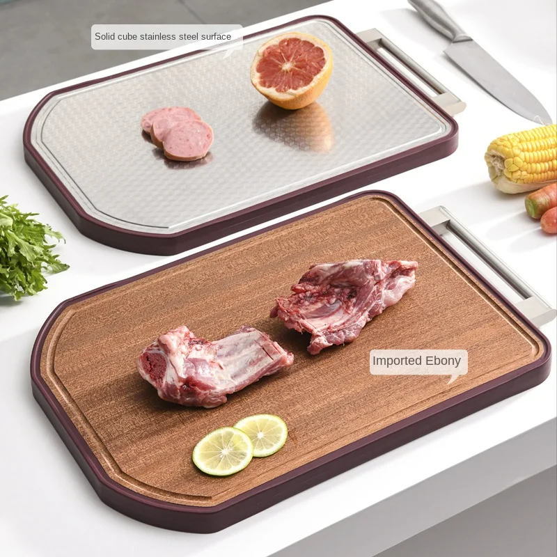 

Ebony double-sided cutting board, kitchen household thickened antibacterial, whole wood stainless steel camping chopping board