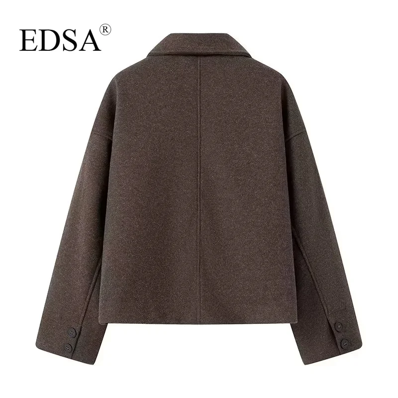 EDSA Women Brown Wool Jacket Single Breasted for Autumn Winter with Lapel Collar Thick Warm Shirt-style Outwear